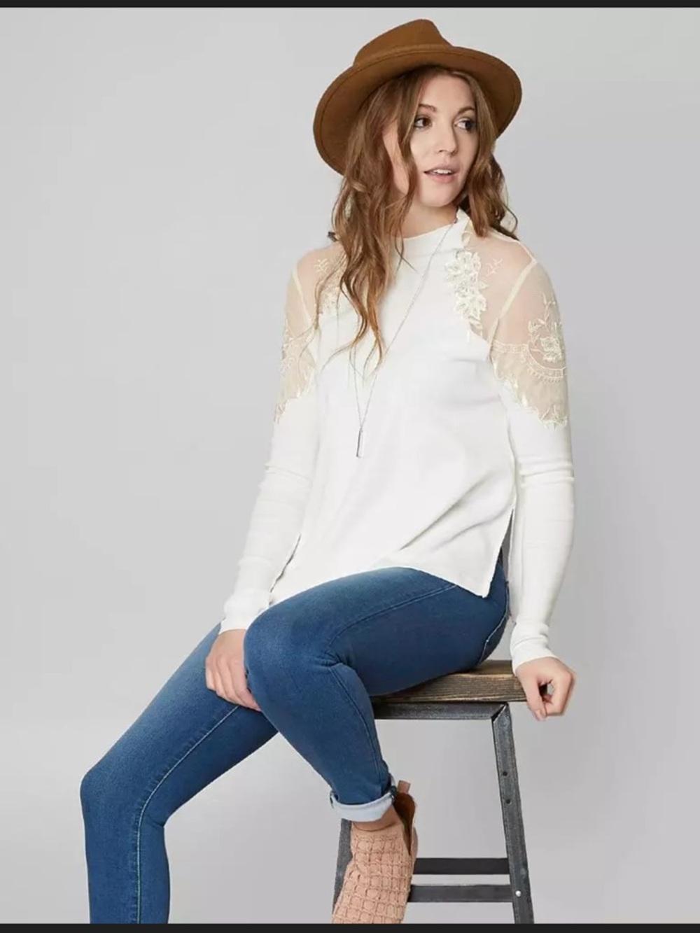 Free People Daniella Lace shoulder Top 
 ivory Large Embroidered floral Mesh